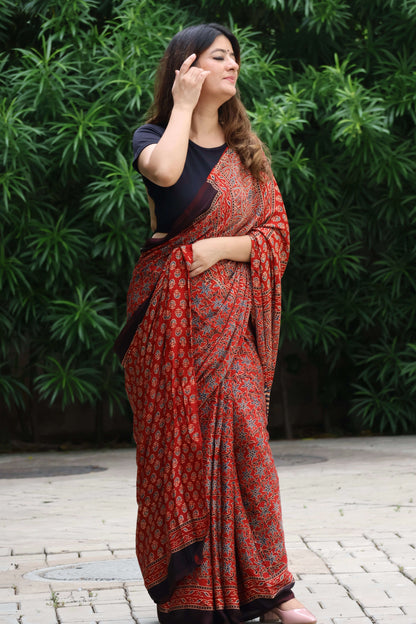 Ajrakh modal hand-block Saree