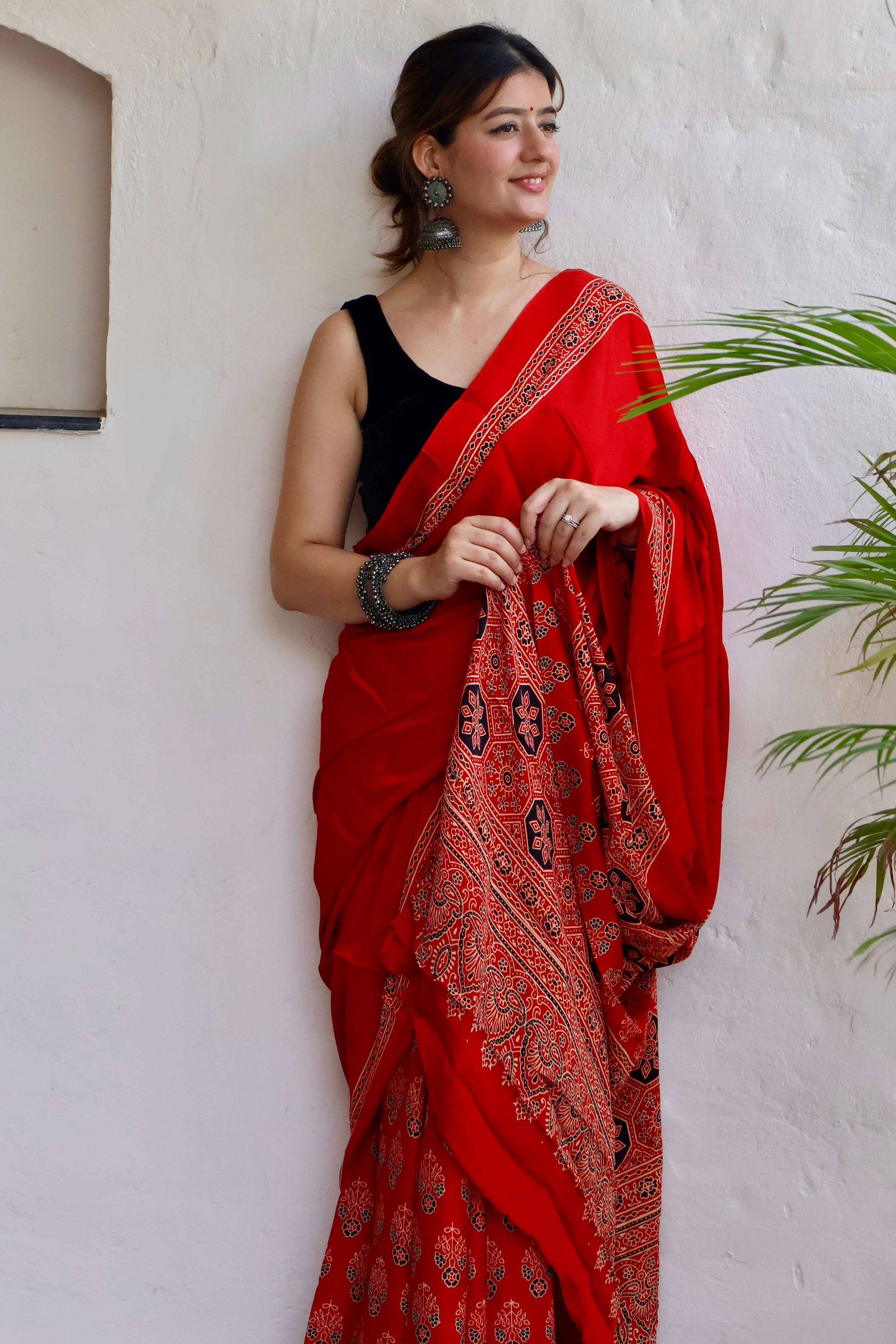 Traditional Ajrakh modal hand-block  saree