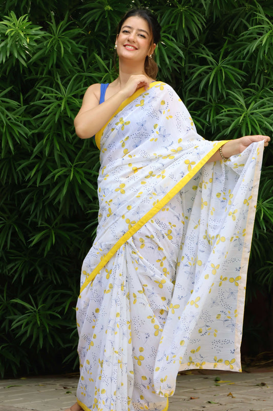 blue lime printed linen base saree