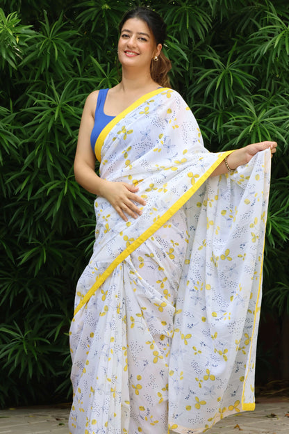 blue lime printed linen base saree