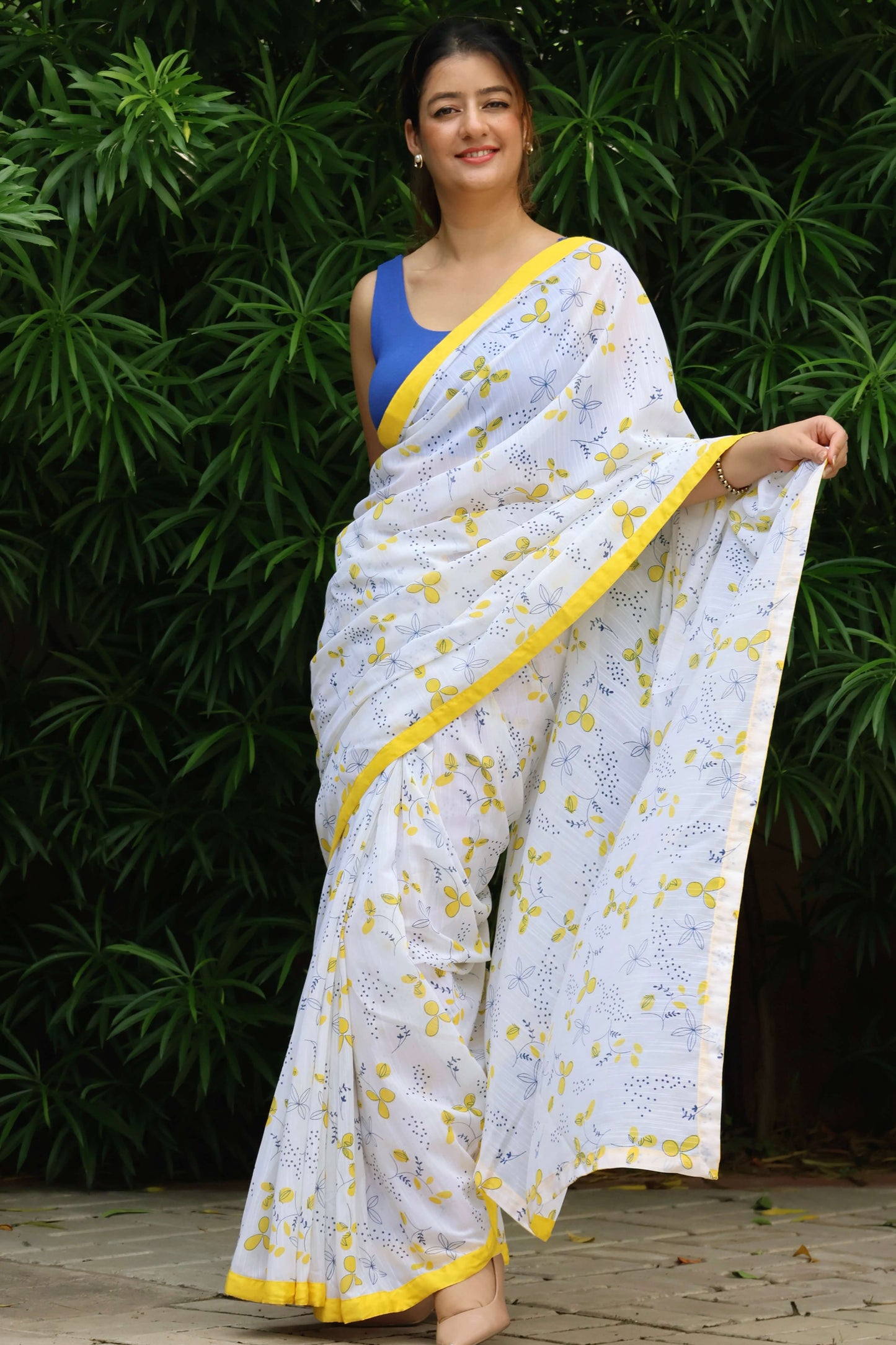 blue lime printed linen base saree