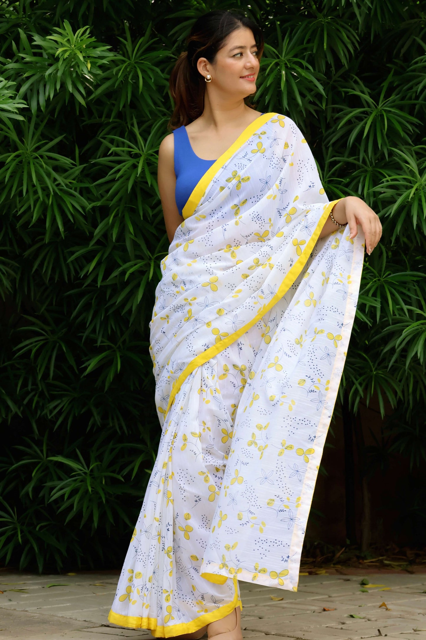 blue lime printed linen base saree