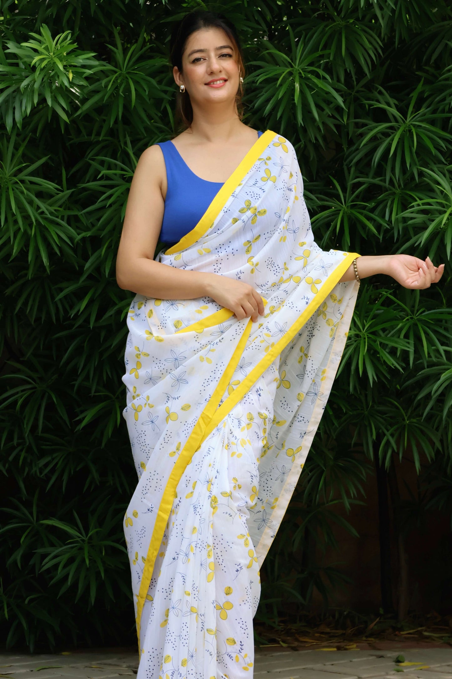 blue lime printed linen base saree