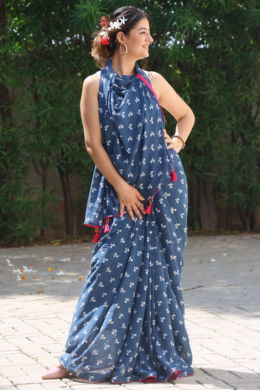 Bow Printed georgette saree with blouse