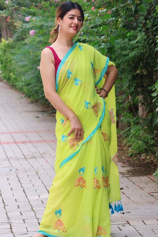 cute mul cotton neo green saree with hand embroidery