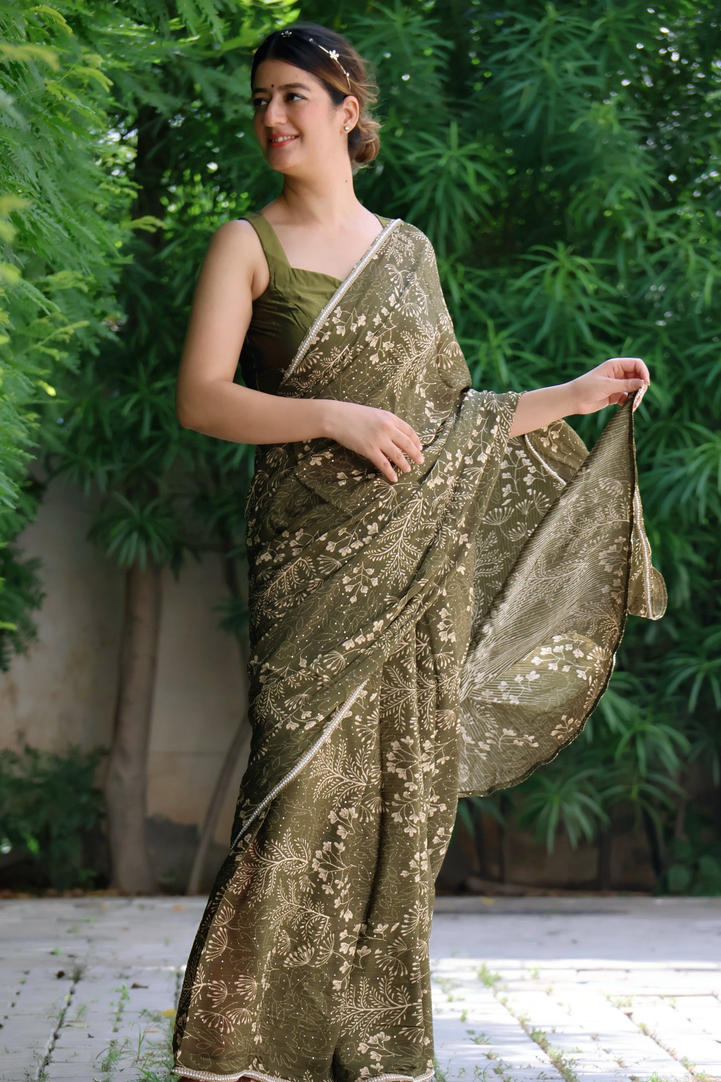 Olive Dream  Embroidered Chinon saree