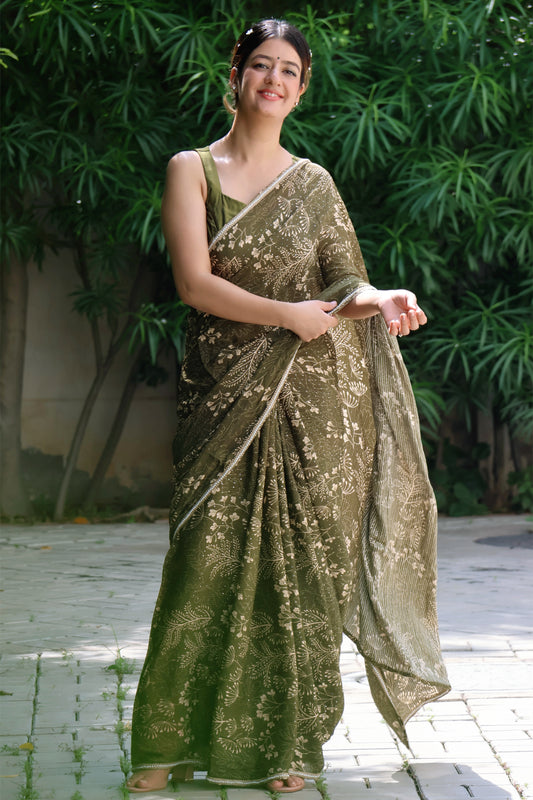 Olive Dream  Embroidered Chinon saree