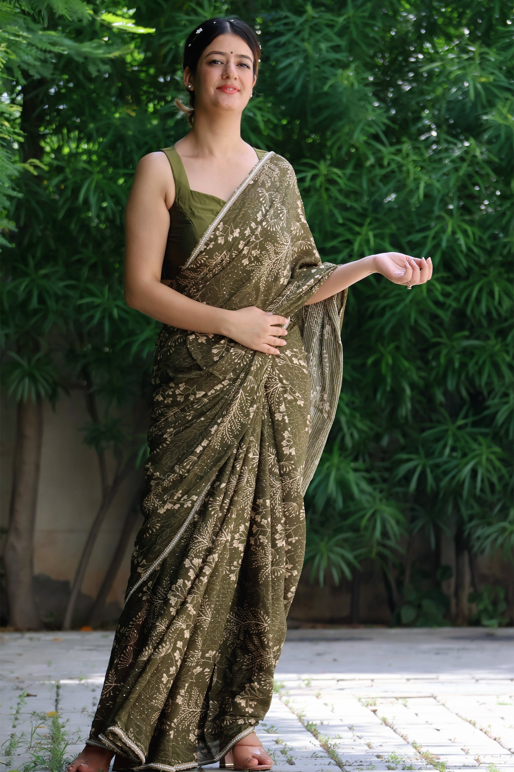 Olive Dream  Embroidered Chinon saree