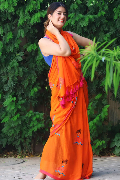 cute mul cotton rust saree with hand embroidery