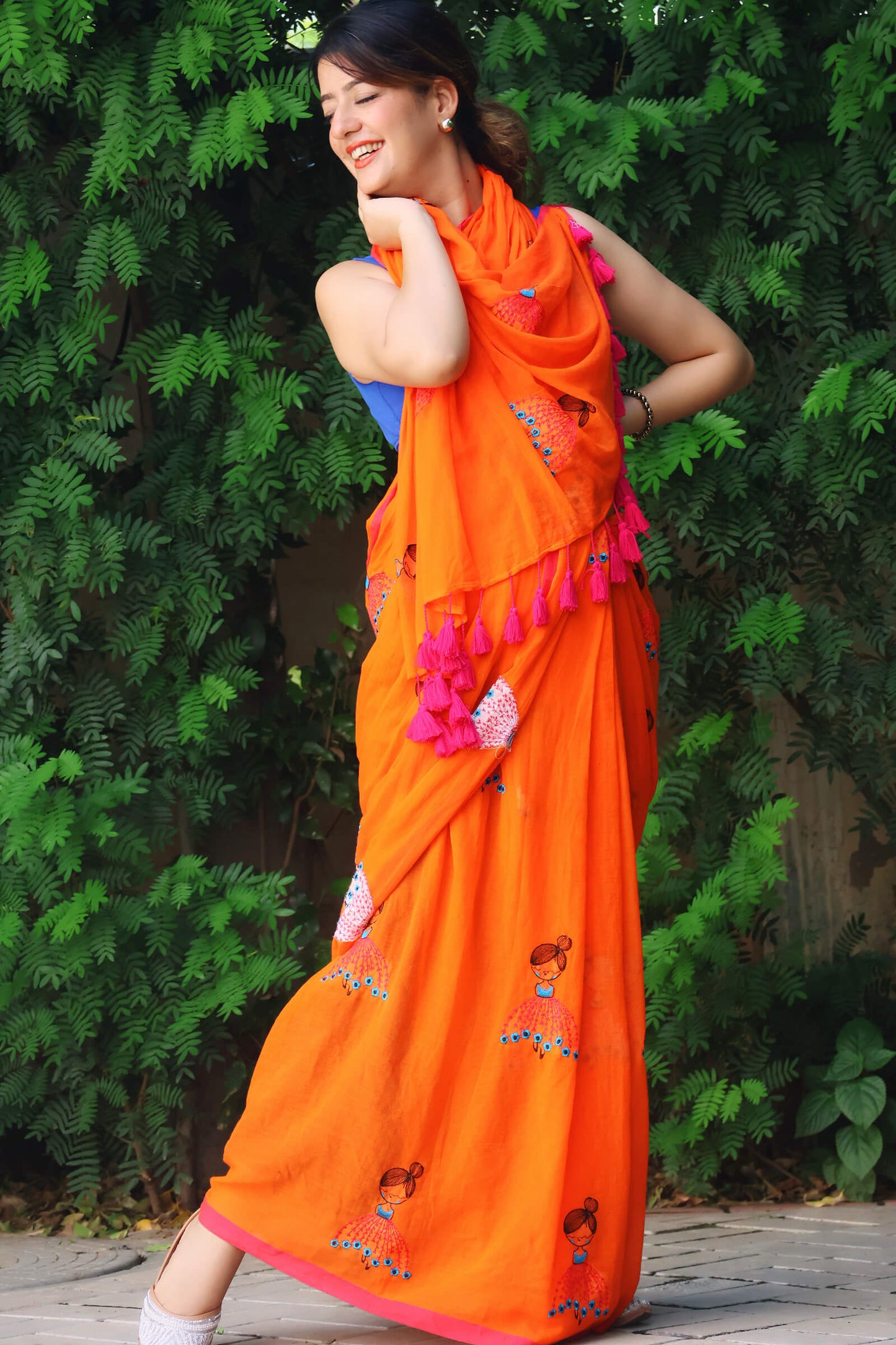 cute mul cotton rust saree with hand embroidery