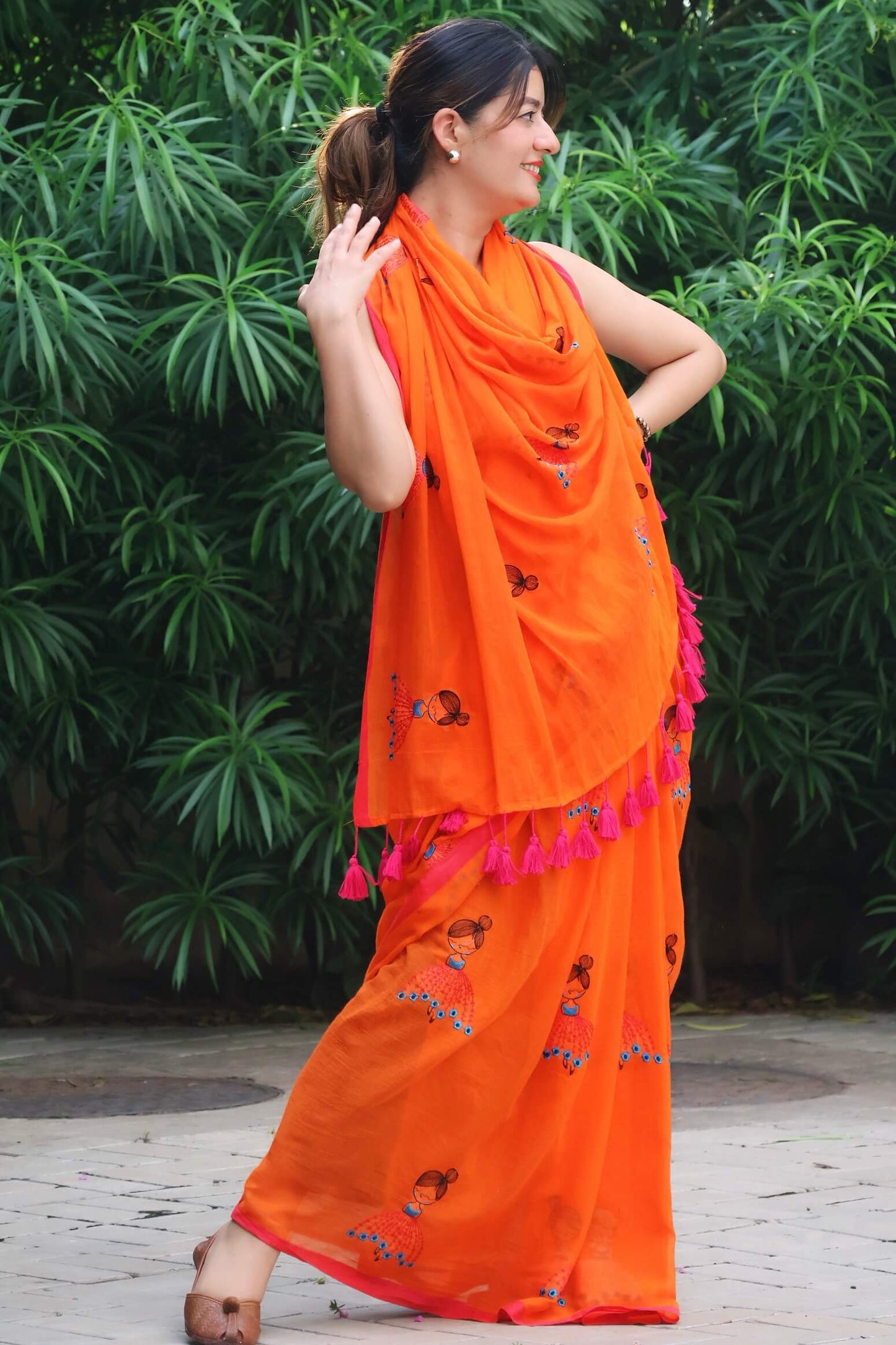 cute mul cotton rust saree with hand embroidery