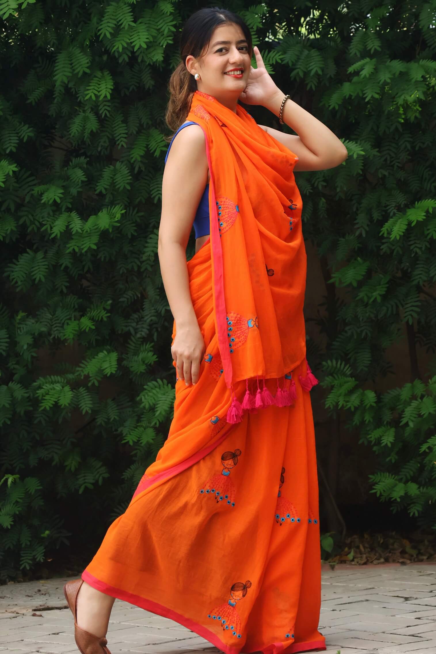 cute mul cotton rust saree with hand embroidery