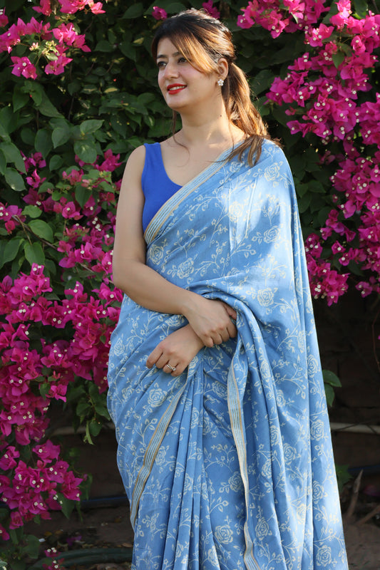 Rare Blue Rose Muslin print saree