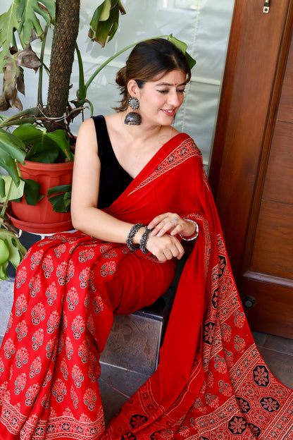 Traditional Ajrakh modal hand-block  saree