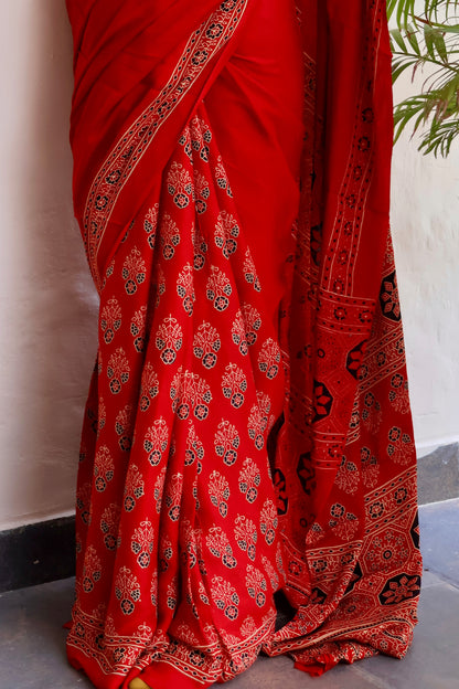 Traditional Ajrakh modal hand-block  saree