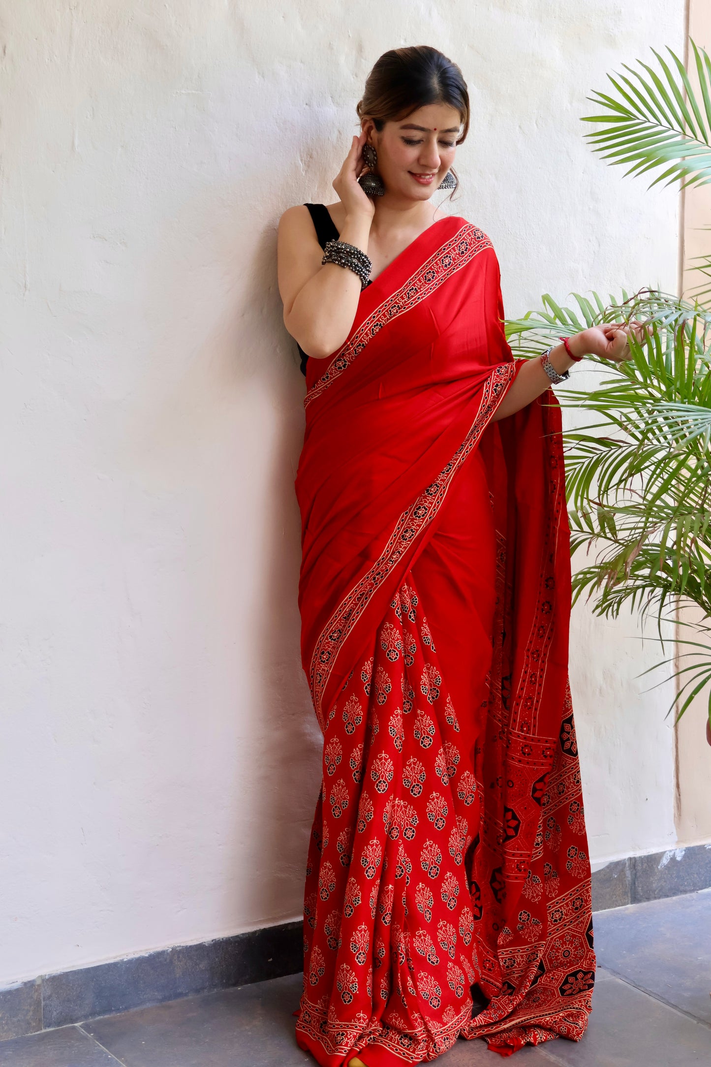 Traditional Ajrakh modal hand-block  saree