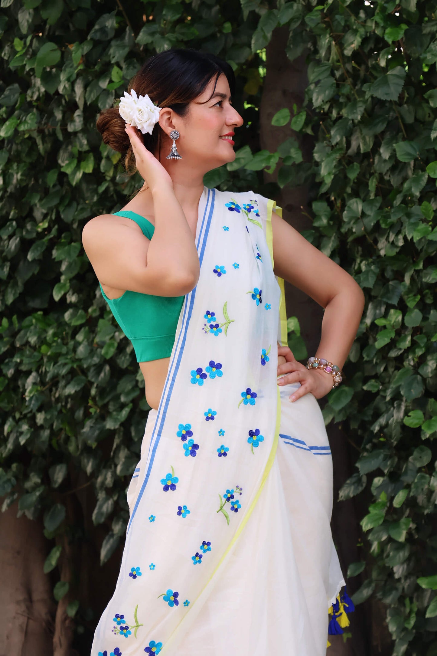 Blue blossom mul cotton saree