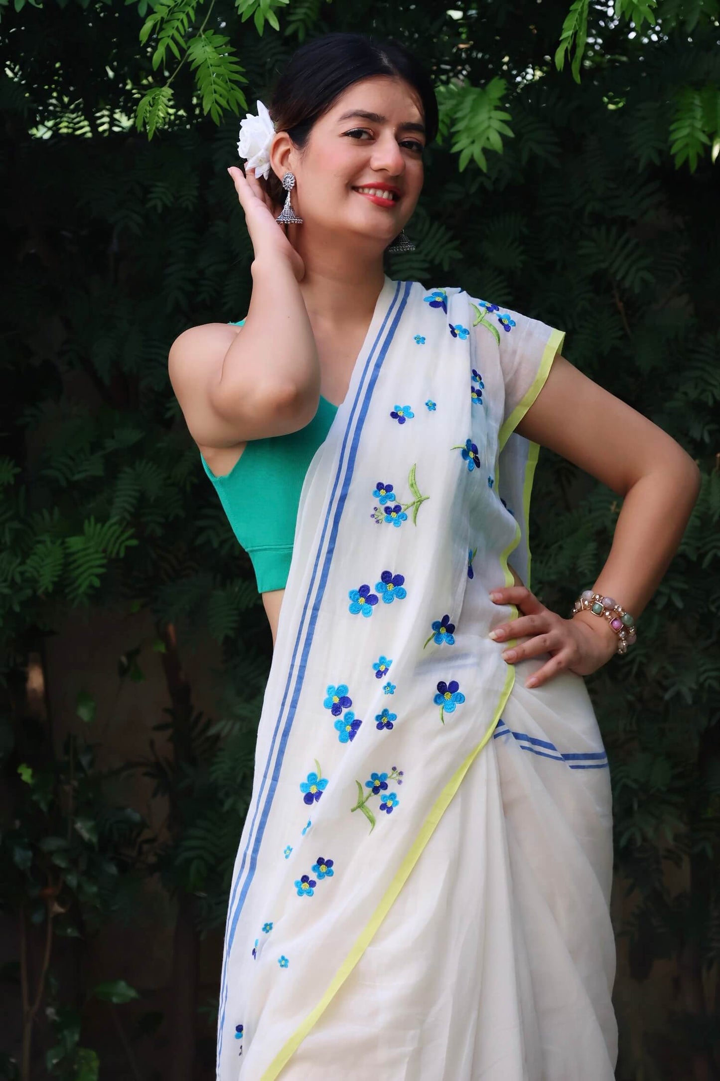 Blue blossom mul cotton saree