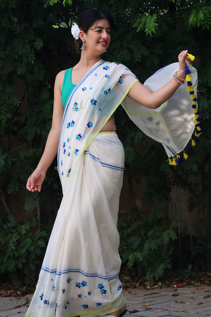 Blue blossom mul cotton saree