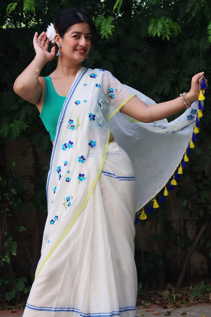 Blue blossom mul cotton saree