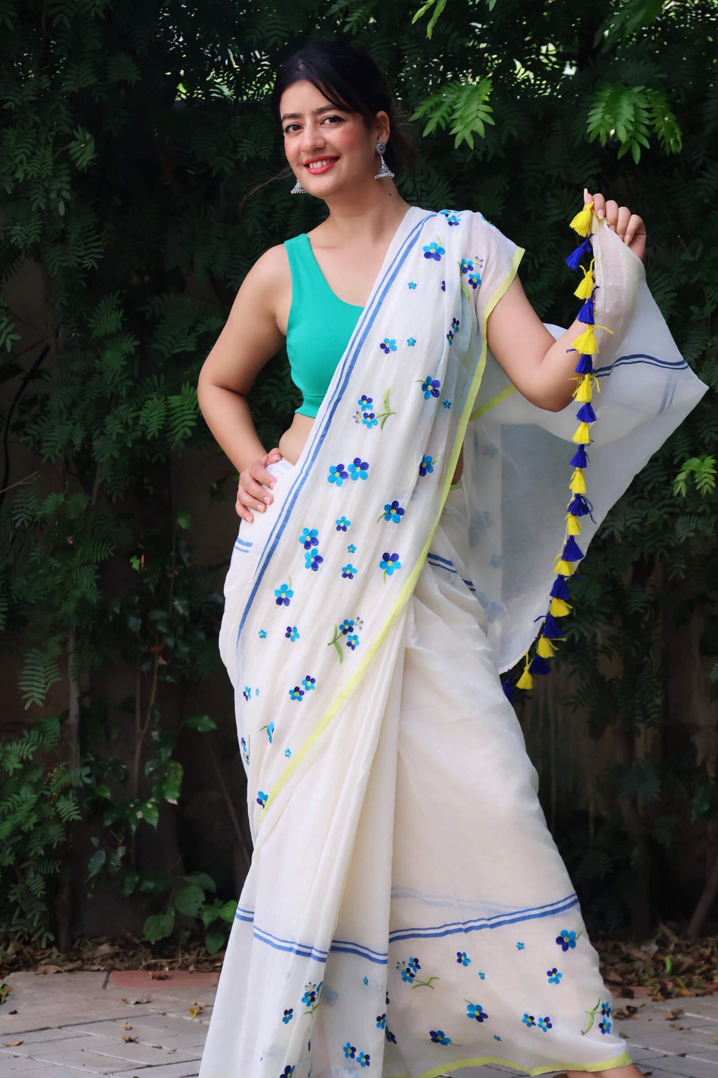 Blue blossom mul cotton saree