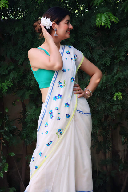 Blue blossom mul cotton saree