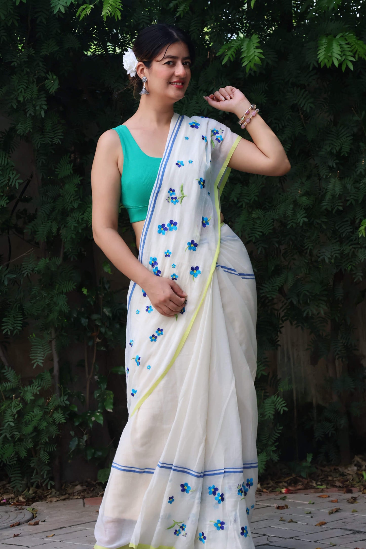 Blue blossom mul cotton saree