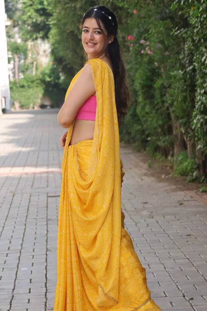 yellow-georgette-crepe-printed saree