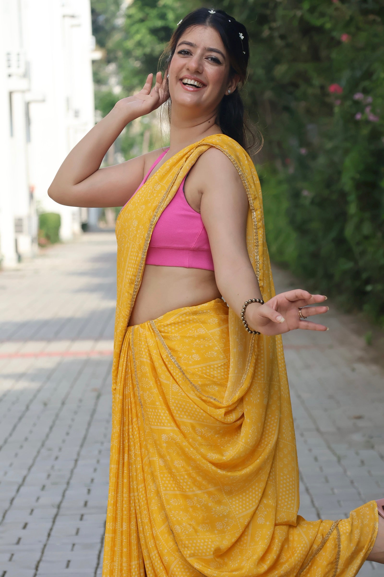 yellow-georgette-crepe-printed saree