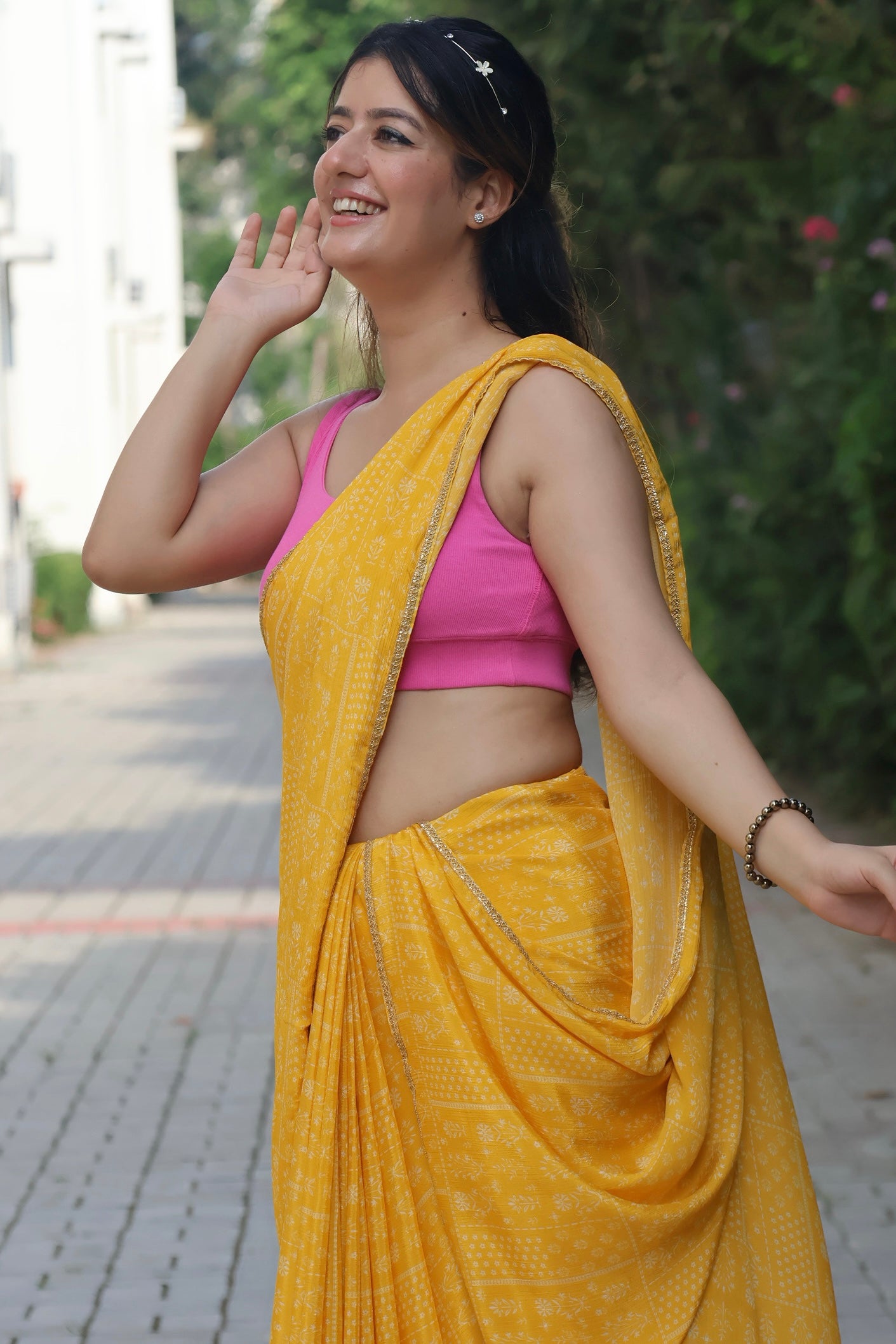 yellow-georgette-crepe-printed saree